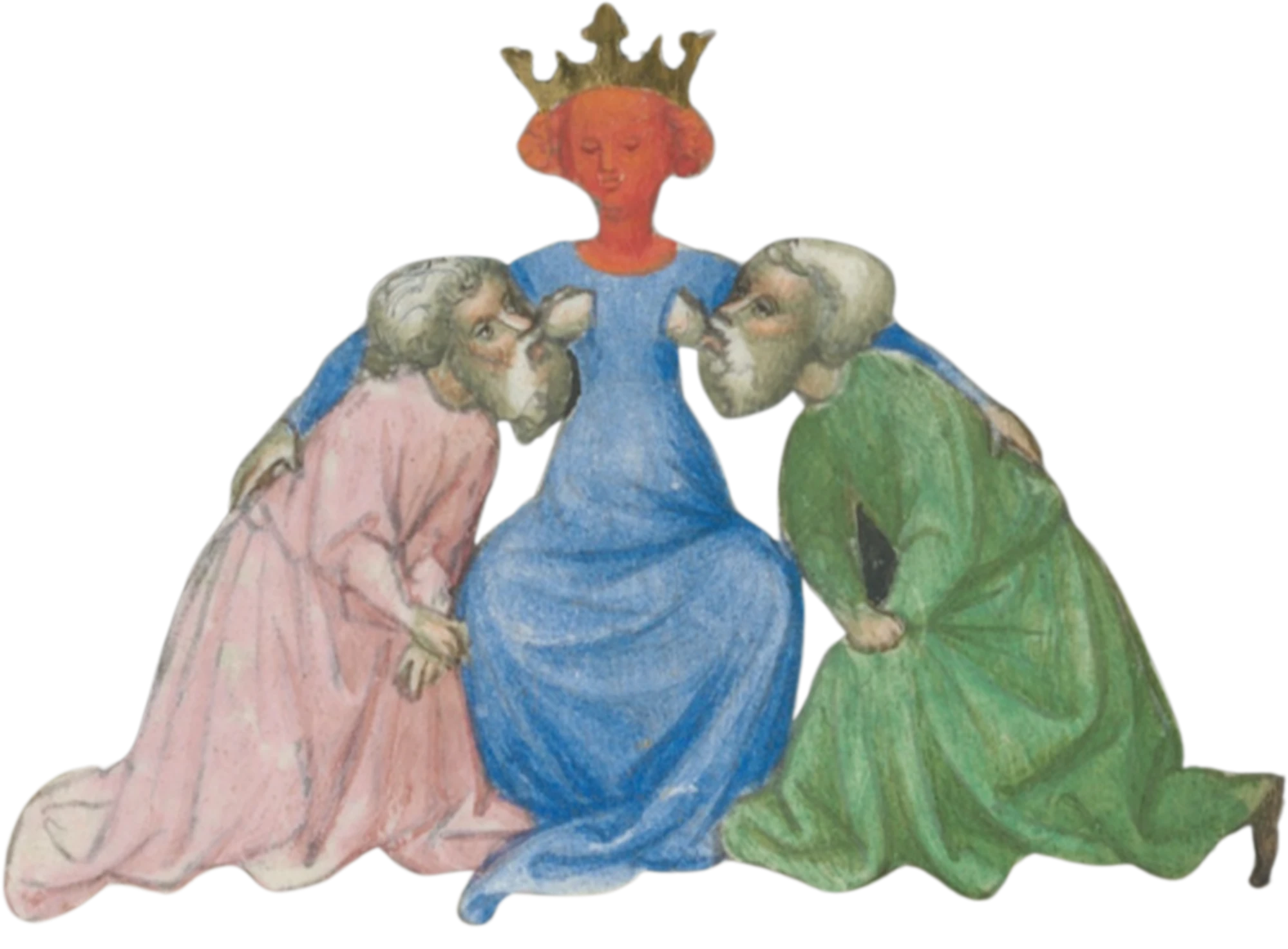 Enluminure médiévale : une figure couronnée au visage rouge, vêtue de bleu, entre deux personnages agenouillés en rose et en vert.